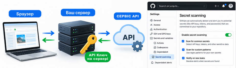 схема «браузер → ваш сервер → сервіс API»